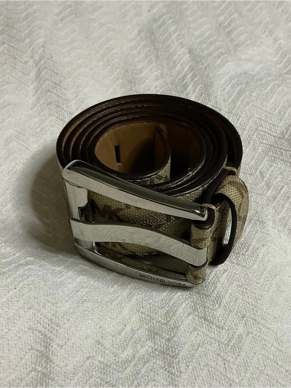 Michael Kors Tan Beige Signature MK Canvas Men's Belt with Silver Buckle